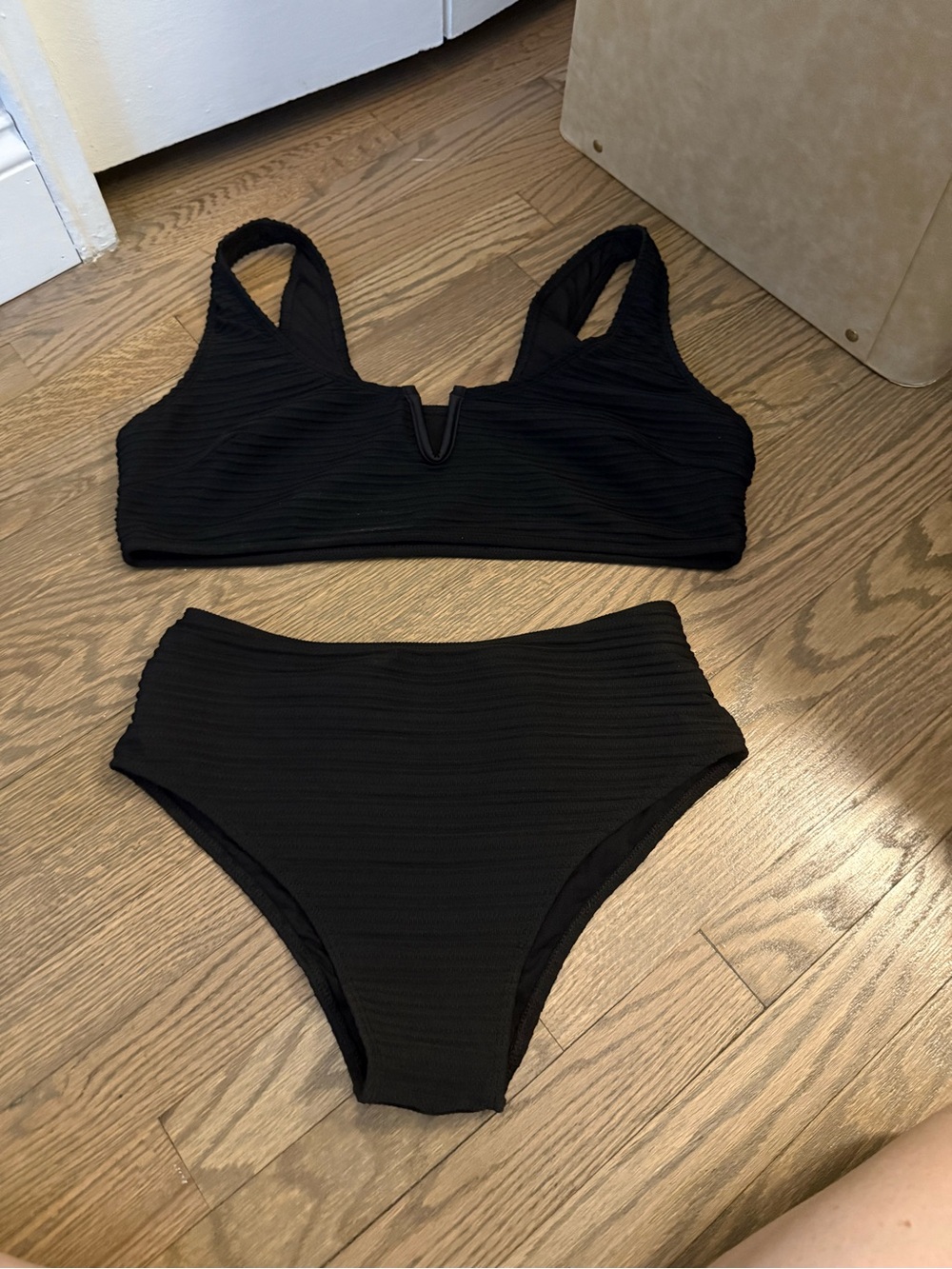 Black Ribbed High-Waist Bikini Set - Women's Swim